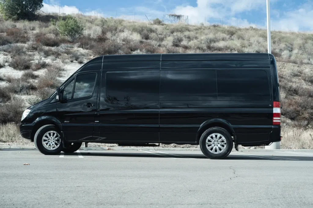 Black Mercedes Sprinter van for group transportation in Irvine CA